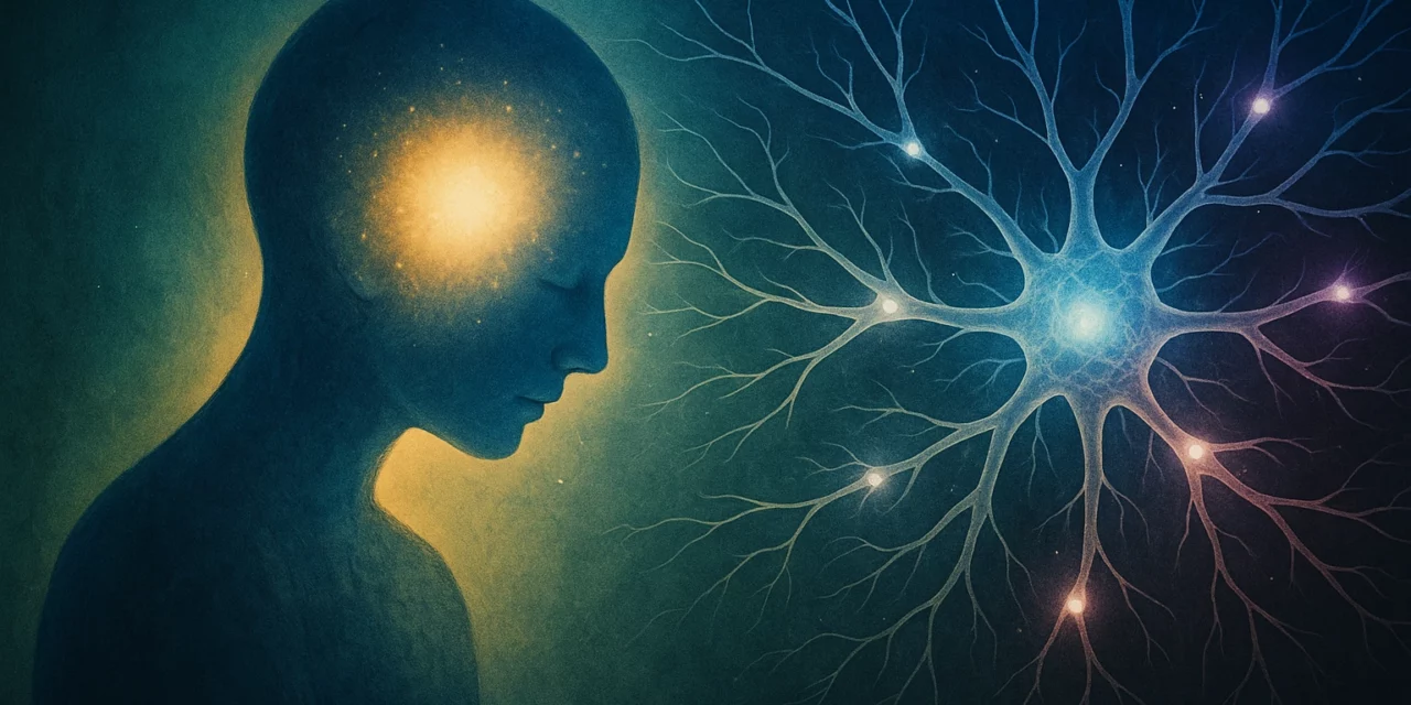Illustration conceptuelle reliant les neurones, la conscience et la spiritualité, symbolisant l’autisme comme une perception élargie et des dons particuliers