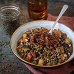 Cocotte de lentilles vertes aubergines et pulled pork