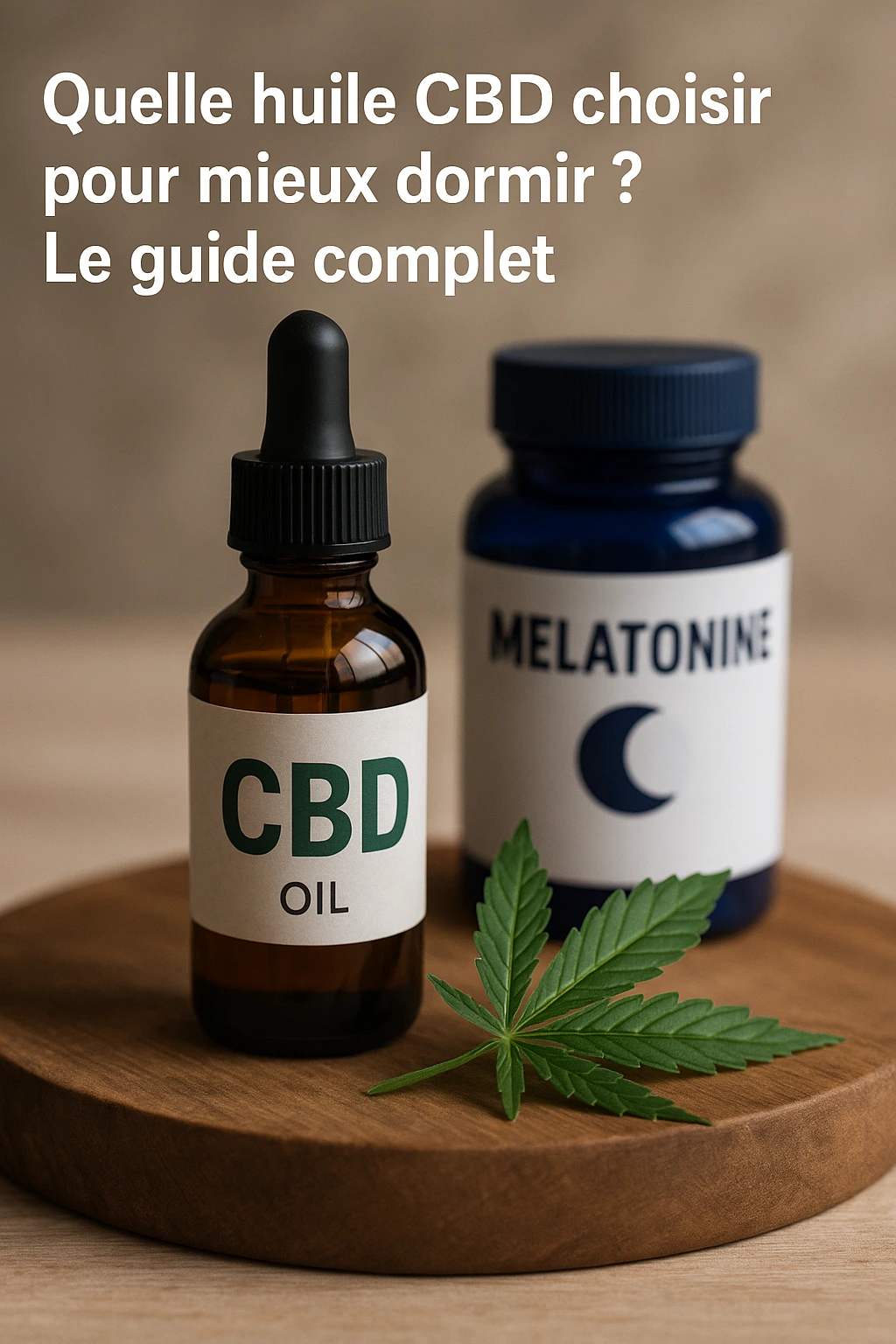 Bouteille d’huile CBD et flacon de mélatonine posés sur un plateau en bois, accompagnés d’une feuille de chanvre, illustrant le choix d’une huile CBD pour mieux dormir. 