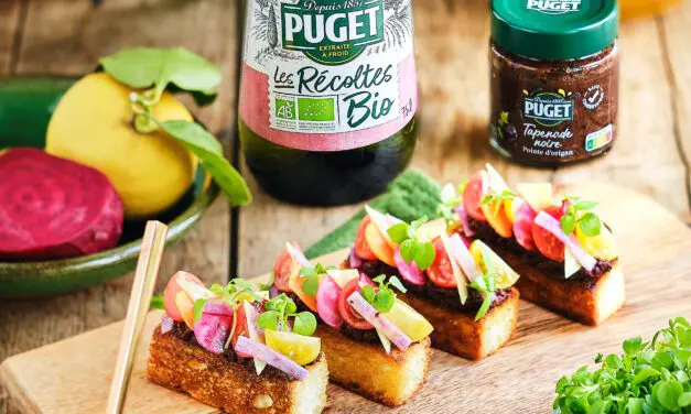Brioche toastée à l’huile d’olive, tapenade d’olives et petits légumes