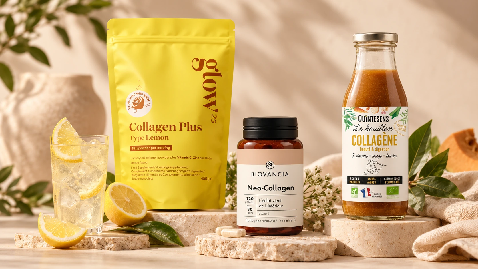 Nos coups de cœur collagène : Glow25, Neo-Collagen Biovancia et bouillon collagène Quintesens