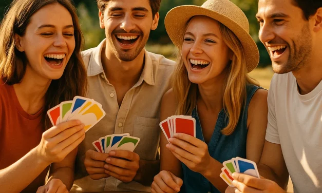 Groupe d’amis riant en jouant à un jeu de cartes pendant l’été, activité idéale en vacances