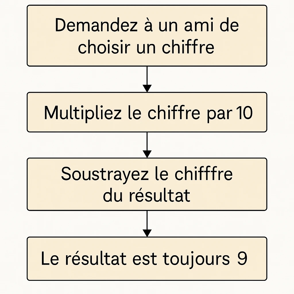 Schéma mentaliste facile montrant les étapes du tour du chiffre 9 à faire pendant les vacances