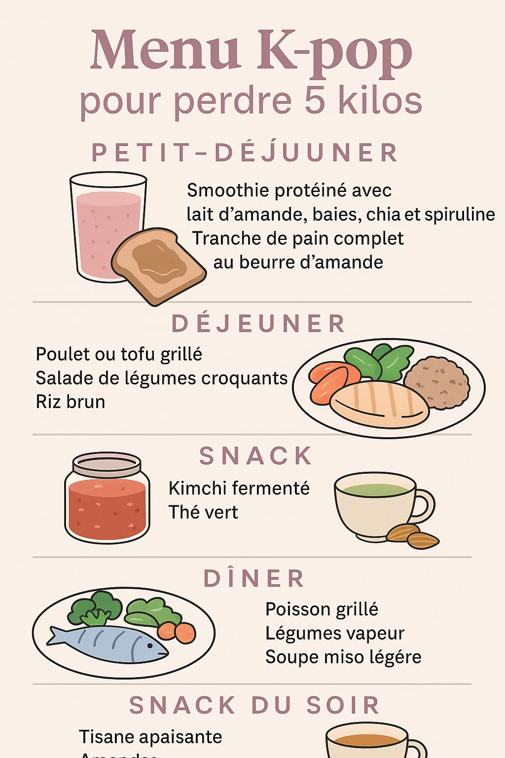 Infographie en français d’un menu K-pop pour perdre 5 kilos, incluant petit-déjeuner, déjeuner, dîner et snacks à base d’aliments coréens sains comme kimchi, poisson grillé, légumes vapeur et smoothie protéiné.