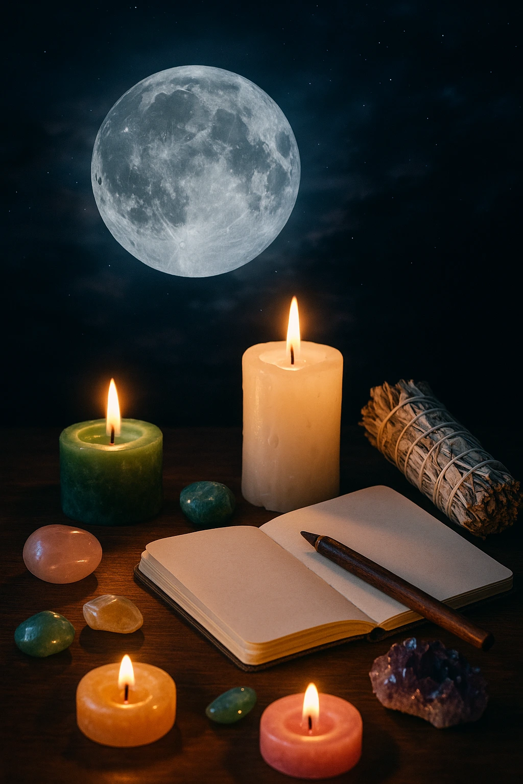 Rituel de pleine lune avec cercle magique, bougies et cristaux pour attirer amour et abondance