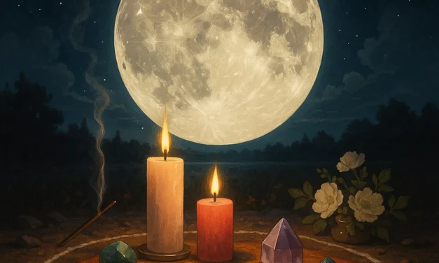 Illustration rituels de chance pendant la pleine lune avec bougies et cristaux