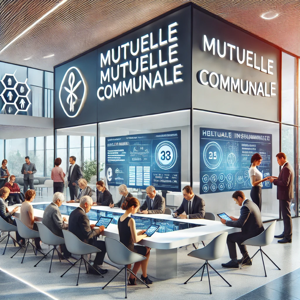 Une réunion communale dans un centre où les habitants s'inscrivent à une mutuelle communale. Les participants utilisent des tablettes numériques, avec des infographies médicales affichées sur des écrans. Le décor est minimaliste, avec de grandes fenêtres, mettant en avant l'efficacité et l'usage de la technologie dans le processus d'inscription aux mutuelles.