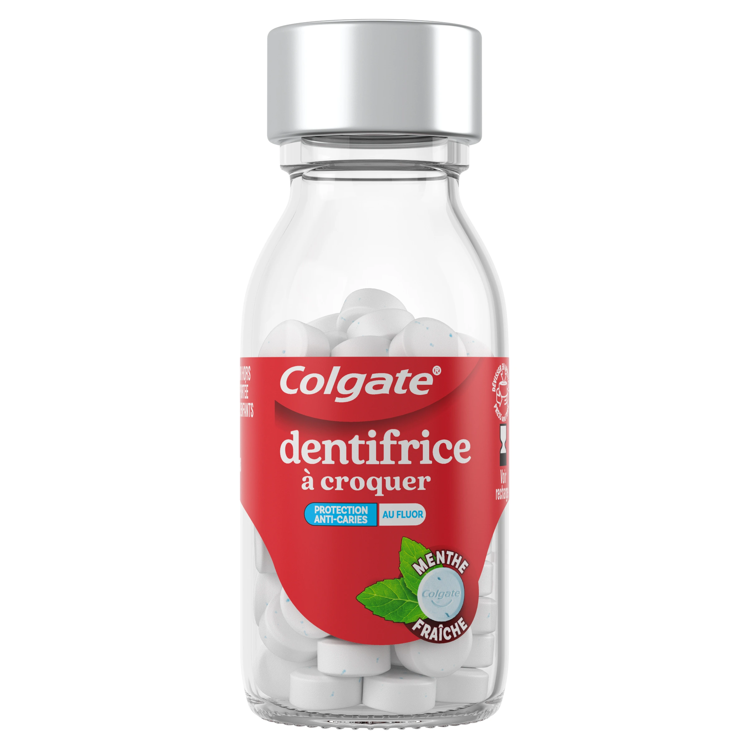 Dentifrice à croquer Colgate dans un pot en verre réutilisable