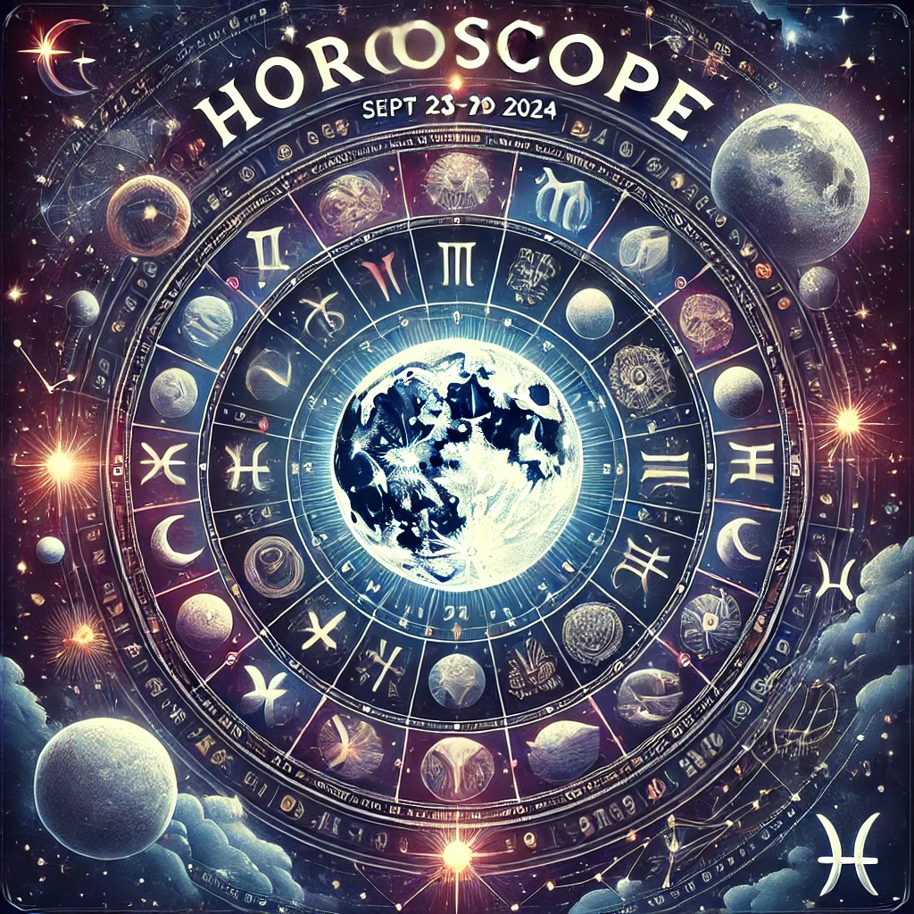 Illustration de l'horoscope hebdomadaire du 23 au 29 septembre 2024 avec le mot 'Horoscope' en haut. Une roue zodiacale circulaire représente tous les signes du zodiaque, entourée de constellations, de planètes et d'une pleine lune en Poissons au centre.