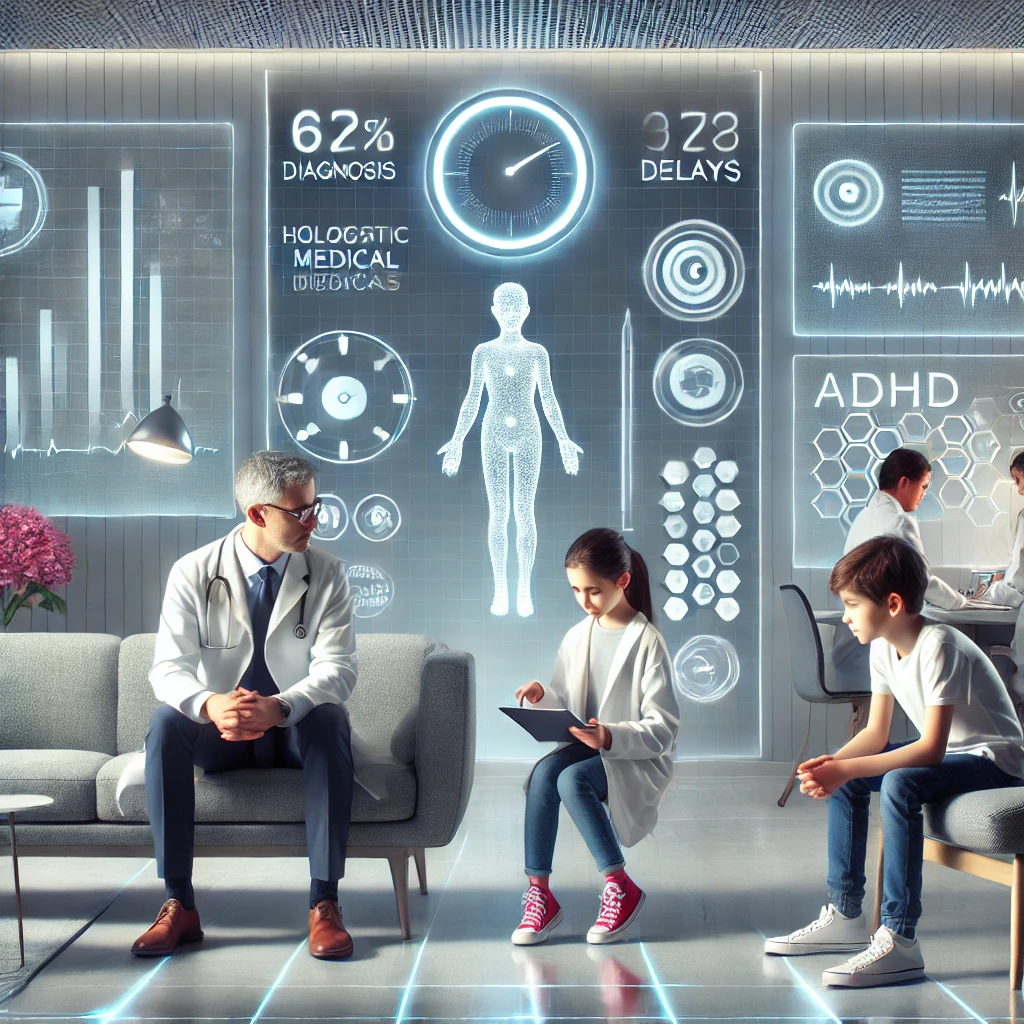 Illustration d'un enfant et d'un adolescent atteints de TDAH dans un cabinet médical avec des hologrammes médicaux flottants. L'enfant tient une tablette tandis que l'adolescent est concentré sur un livre interactif. Un grand cadran digital en arrière-plan symbolise la réduction des délais de diagnostic et de prise en charge. L'environnement est minimaliste et high-tech, reflétant un cadre de soins efficace et bienveillant.