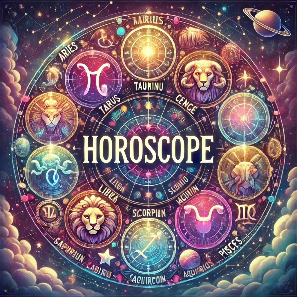 es douze signes du zodiaque (Bélier, Taureau, Gémeaux, Cancer, Lion, Vierge, Balance, Scorpion, Sagittaire, Capricorne, Verseau, Poissons) sont disposés en cercle autour du mot "Horoscope" écrit en gros au centre. Le fond cosmique est parsemé de constellations et d’énergies célestes, tandis que chaque signe zodiacal brille d’une lueur douce et colorée.