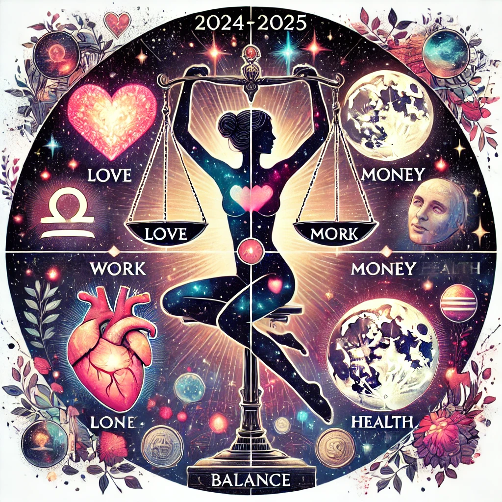 Illustration de l'horoscope de la Balance avec des sections pour l'amour, le travail, l'argent et la santé, incluant des planètes, des constellations et des symboles de prospérité et d'équilibre