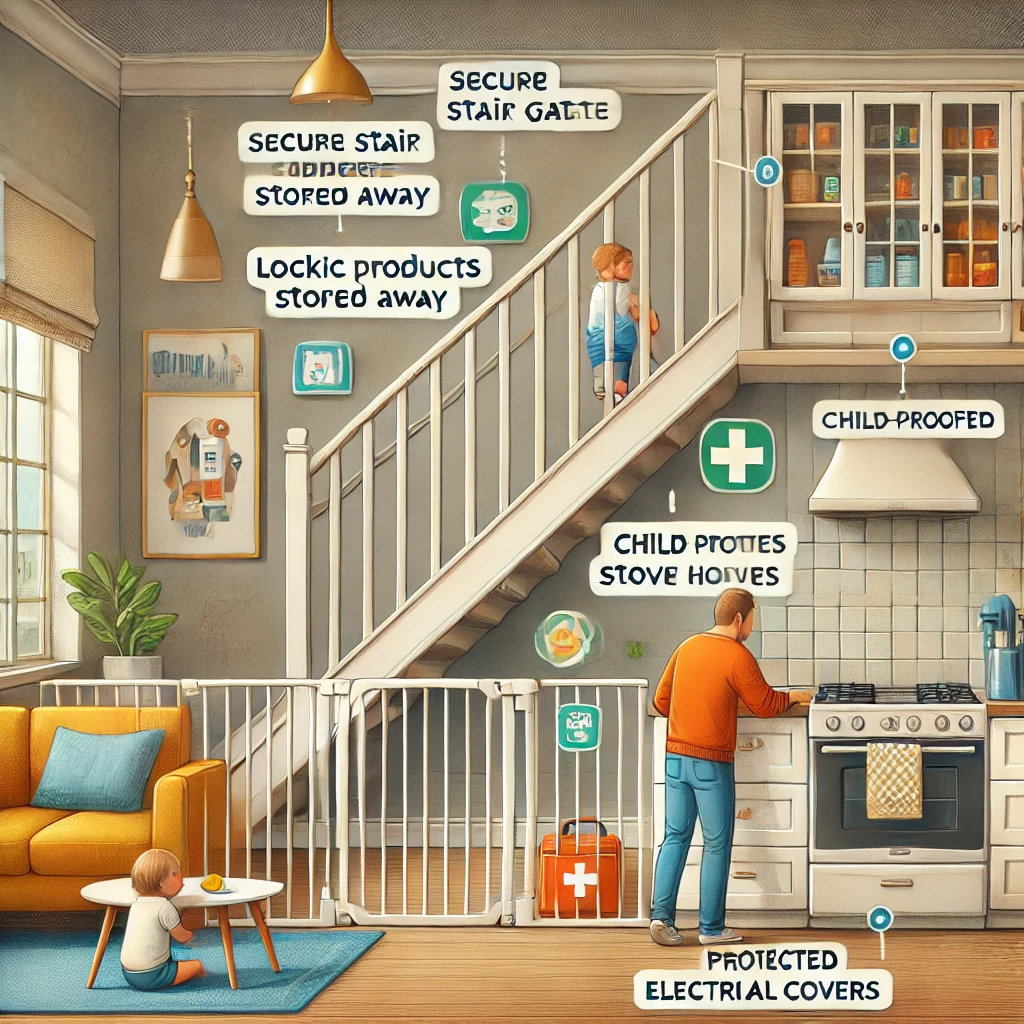 Illustration d'un environnement domestique sécurisé pour les enfants, montrant une maison moderne avec des mesures de sécurité. Un escalier équipé d'une barrière de sécurité, des armoires verrouillées pour les produits ménagers, une cuisinière protégée, des prises électriques couvertes, et un parent surveillant un enfant qui joue en toute sécurité. Une trousse de premiers soins est visible à proximité, avec des panneaux indiquant les précautions prises.