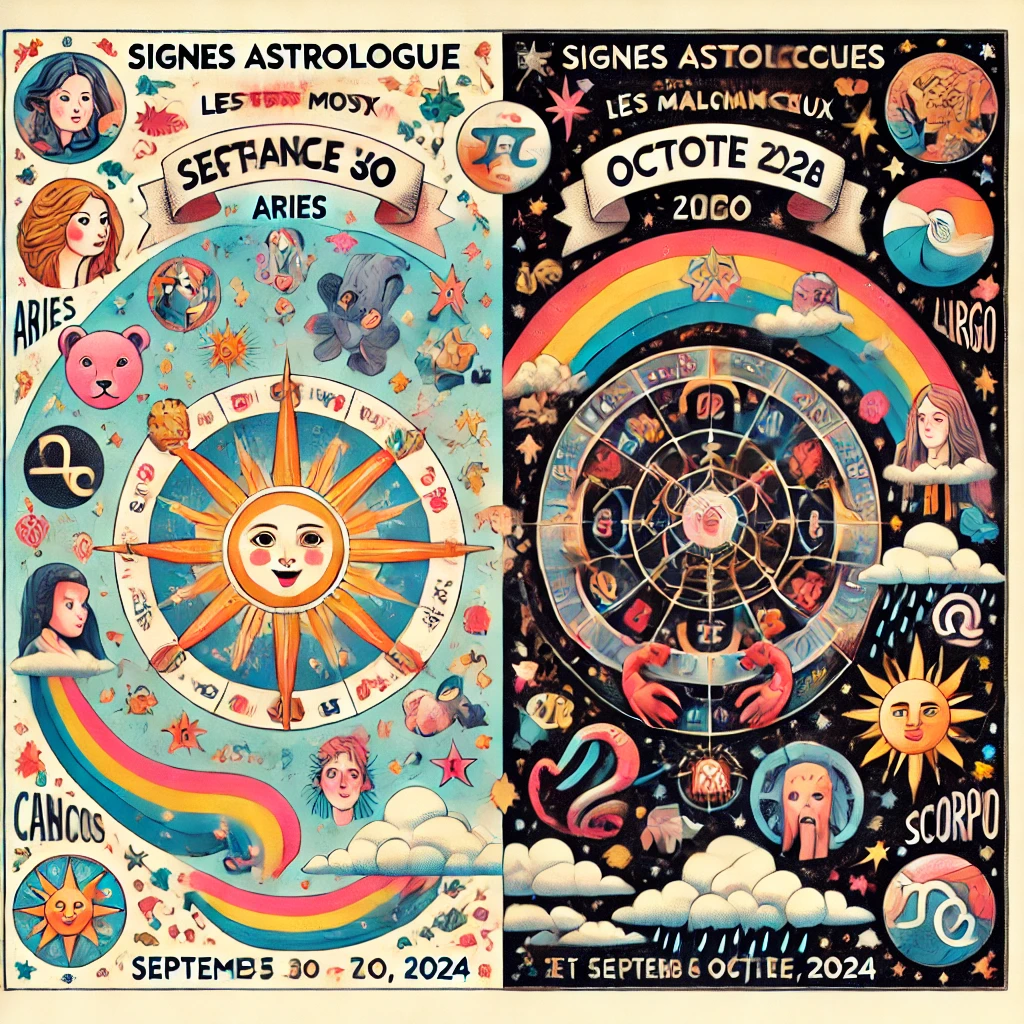 Illustration contrastant les signes astrologiques les plus chanceux et les plus malchanceux de la semaine du 30 septembre au 6 octobre 2024. La moitié gauche montre des symboles de chance et de positivité, tels que des étoiles lumineuses et des signes du zodiaque comme le Bélier, la Balance, et le Sagittaire, tandis que la moitié droite représente des signes de malchance, avec des nuages sombres, de la pluie, et des signes du zodiaque comme le Cancer, la Vierge, et le Scorpion. Au centre, une bannière porte le texte : "Signes astrologiques les plus chanceux et les plus malchanceux de la semaine du 30 septembre au 6 octobre 2024". L'illustration est colorée et visuellement engageante.