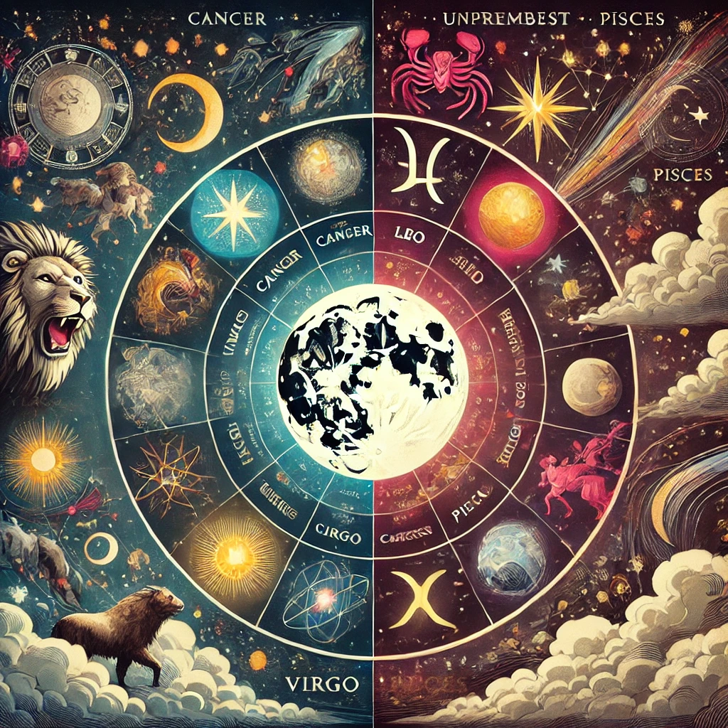 Illustration astrologique montrant les signes du zodiaque les plus chanceux et malchanceux de la semaine du 23 au 29 septembre 2024. À gauche, des constellations lumineuses et colorées mettent en valeur les signes les plus chanceux : Cancer, Lion et Poissons. À droite, des tons sombres et atténués représentent les signes les moins chanceux : Vierge, Bélier et Capricorne. Une pleine lune en Poissons domine le centre, symbolisant son influence sur tous les signes.