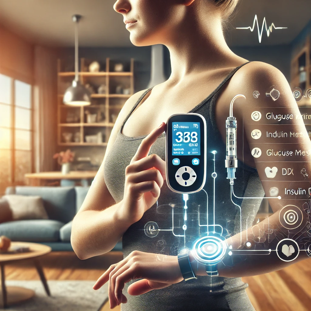 patient diabétique utilisant des dispositifs médicaux connectés, tels qu'un système de surveillance du glucose et une pompe à insuline, dans un environnement domestique confortable, montrant l'impact positif de la technologie sur la gestion du diabète.