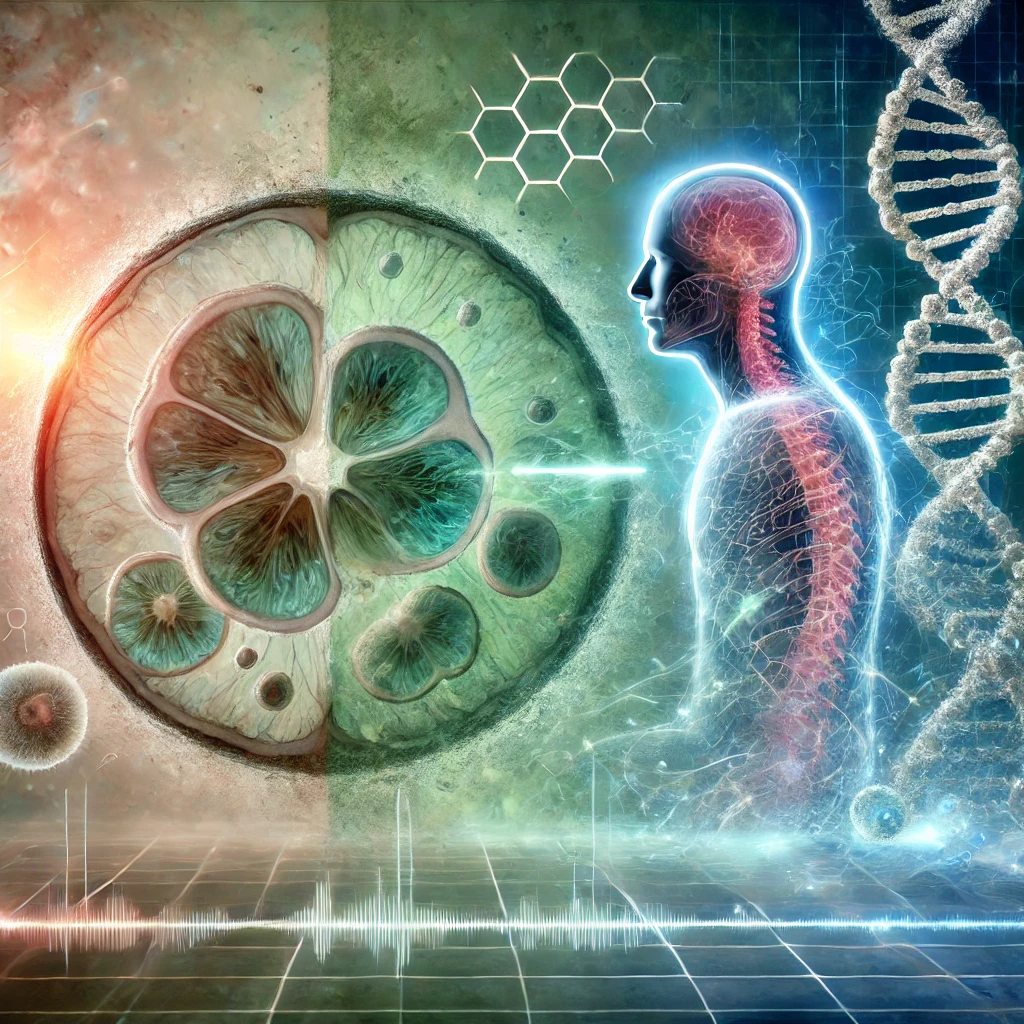 Illustration du troisième état de l'existence montrant des cellules en transformation entre la vie et la mort, avec des éléments de biologie et médecine comme un brin d'ADN et une silhouette humaine, symbolisant la régénération et les implications médicales.