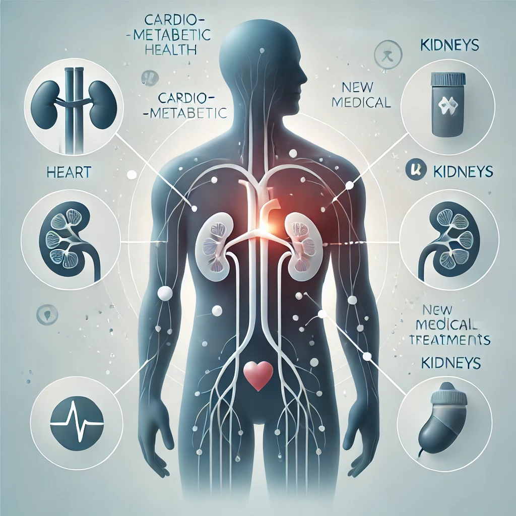 santé cardio-métabolique, avec une silhouette humaine stylisée mettant en avant le cœur et les reins. Des flèches relient le cœur et les reins pour symboliser leurs fonctions interconnectées. Des icônes autour de la silhouette représentent de nouveaux traitements médicaux, tels que des flacons de pilules et des symboles médicaux. Le fond présente un léger dégradé pour garder l'attention sur les organes et la silhouette, offrant une visualisation éducative sur la relation entre la santé cardiovasculaire et rénale