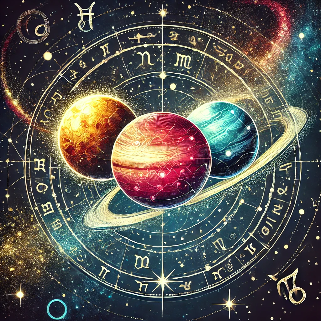 Illustration astrologique du vendredi 13 septembre 2024, mettant en avant les planètes Mars, Saturne et Neptune alignées dans un ciel nocturne étoilé, entourées de constellations et de symboles du zodiaque, symbolisant les influences cosmiques sur les signes astrologiques pour cette journée particulière.