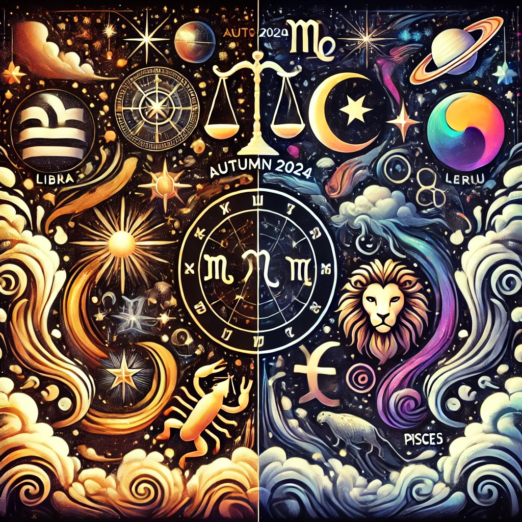 llustration représentant les signes astrologiques les plus chanceux (Balance, Scorpion, Sagittaire, Taureau, Lion) et les moins chanceux (Gémeaux, Cancer, Verseau, Poissons) de l'automne 2024. Le design montre une division entre des couleurs vives, des étoiles brillantes pour la chance, et des tons plus sombres pour l'introspection et les obstacles, le tout sur un fond céleste étoilé.