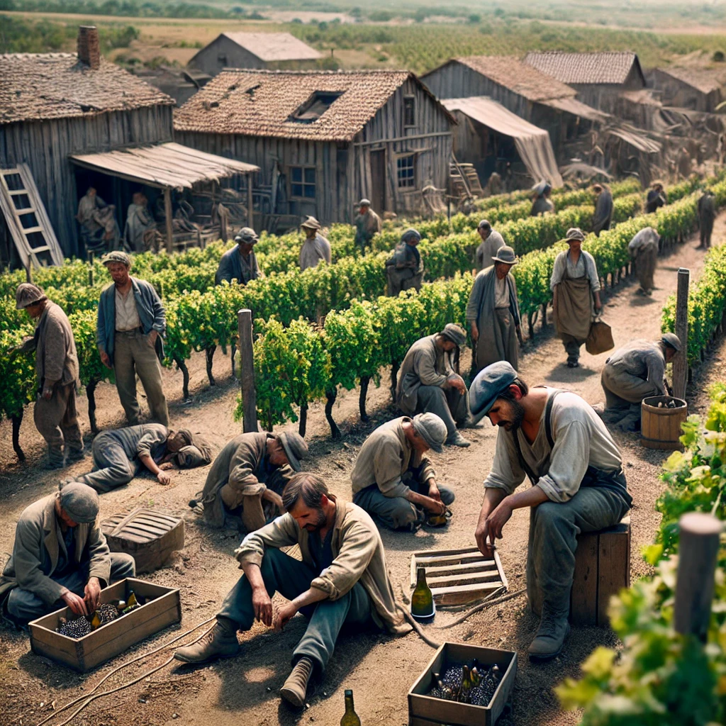 Un groupe de travailleurs épuisés labourant dans un vignoble français sous un soleil brûlant. Ils portent des vêtements usés, certains sont assis par terre, visiblement fatigués. À l'arrière-plan, des logements délabrés, tels que des hangars surpeuplés, contrastent avec le paysage pittoresque du vignoble, mettant en lumière l'exploitation et les conditions difficiles qu'ils endurent. L'ambiance est sombre, illustrant l'esclavage moderne et l'exploitation des travailleurs.