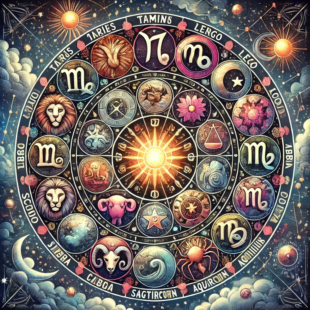 llustration astrologique représentant tous les signes du zodiaque : Les douze signes du zodiaque (Bélier, Taureau, Gémeaux, Cancer, Lion, Vierge, Balance, Scorpion, Sagittaire, Capricorne, Verseau, Poissons) sont disposés en cercle autour d'un élément céleste central, comme un soleil rayonnant. Le fond présente des constellations et des planètes, créant une atmosphère mystique et harmonieuse. Chaque symbole de signe brille dans une teinte distincte, renforçant l'unicité de chaque signe.