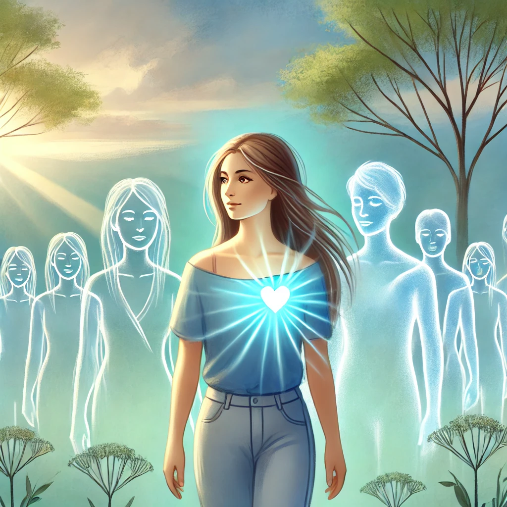  Illustration d'une femme se tenant dans un environnement naturel serein, symbolisant la guérison personnelle d'un traumatisme familial. Des figures transparentes représentant des ancêtres l'entourent, avec une lumière circulant entre eux et elle. La femme a une expression calme et un symbole de cœur lumineux sur sa poitrine, indiquant une guérison émotionnelle. L'arrière-plan est constitué d'arbres, de lumière douce et d'une atmosphère paisible, symbolisant la croissance et la paix intérieure.