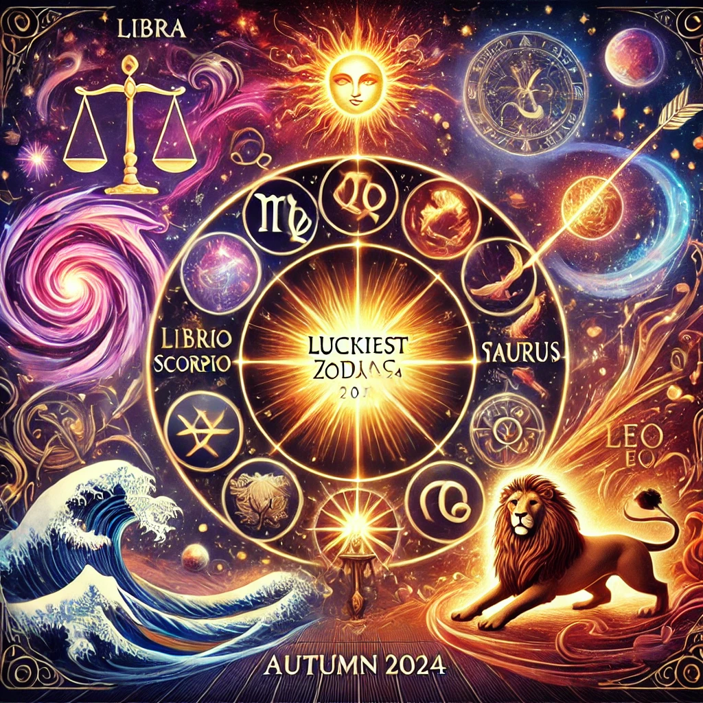 Illustration des signes astrologiques les plus chanceux de l'automne 2024, avec les symboles de la Balance (scales), du Scorpion (mystical aura), du Sagittaire (flèche de feu), du Taureau (éléments de terre abondante) et du Lion (lion et soleil rayonnant). Le fond est un paysage céleste avec des étoiles scintillantes, des couleurs vibrantes, et des éléments planétaires lumineux, évoquant la chance et l'harmonie cosmique.