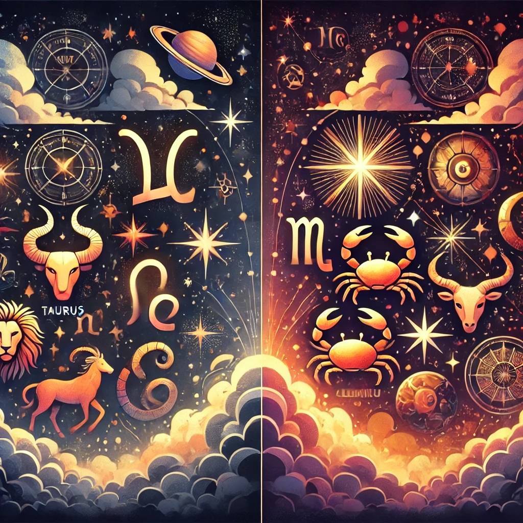 Illustration astrologique des signes chanceux et malchanceux de la semaine : À gauche, les signes chanceux comme Taureau, Lion, et Gémeaux sont représentés avec des couleurs vives et lumineuses, entourés d'étoiles brillantes symbolisant la chance. À droite, les signes malchanceux tels que Scorpion, Cancer, et Verseau sont affichés avec des tons sombres et des nuages, représentant les défis de la semaine. Le fond montre une carte céleste avec des constellations et des planètes.