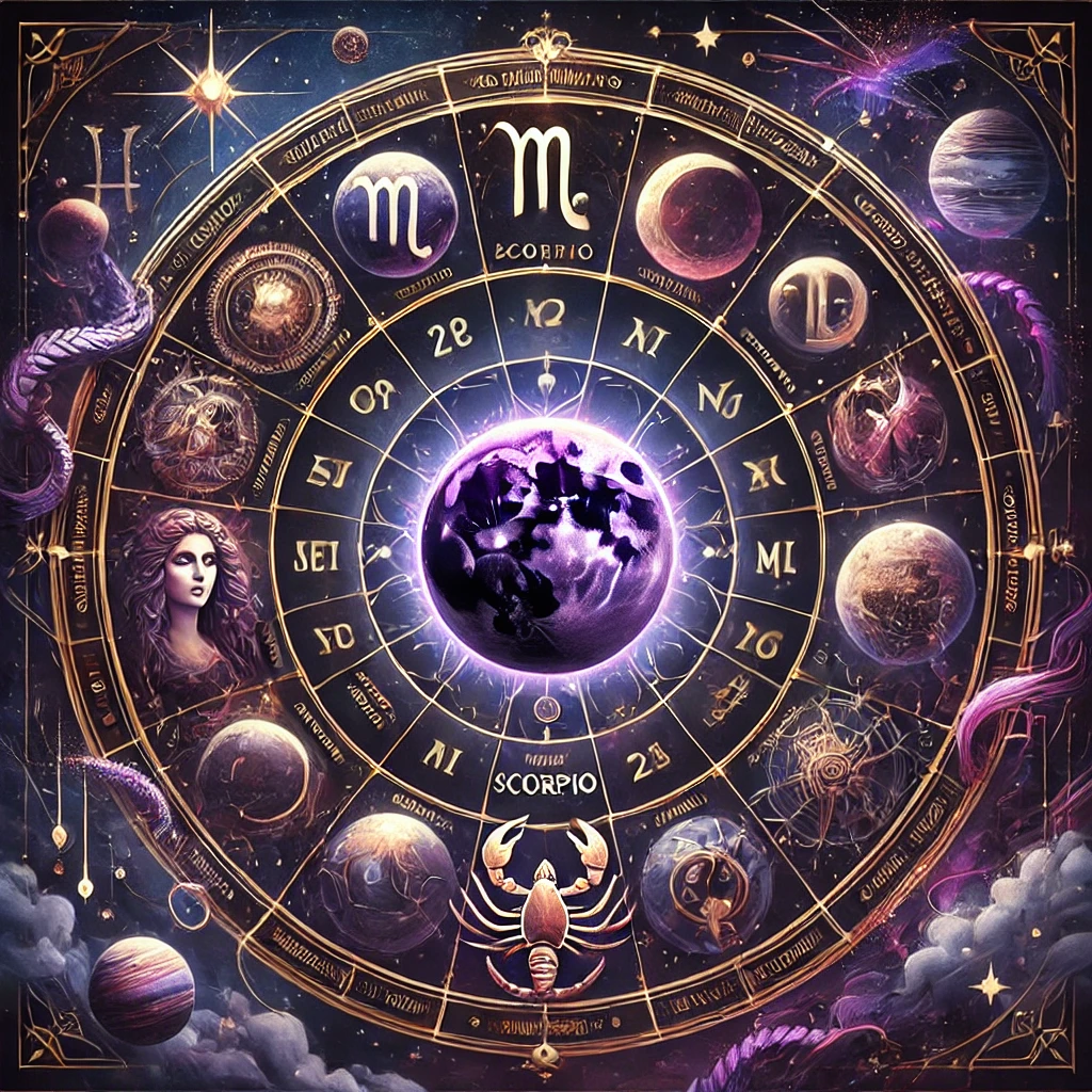 horoscope de la semaine du 28 octobre au 3 novembre 2024, montrant les signes astrologiques avec la Nouvelle Lune en Scorpion en évidence. Fond mystique avec étoiles et planètes, symbolisant les aspects astrologiques de la semaine.