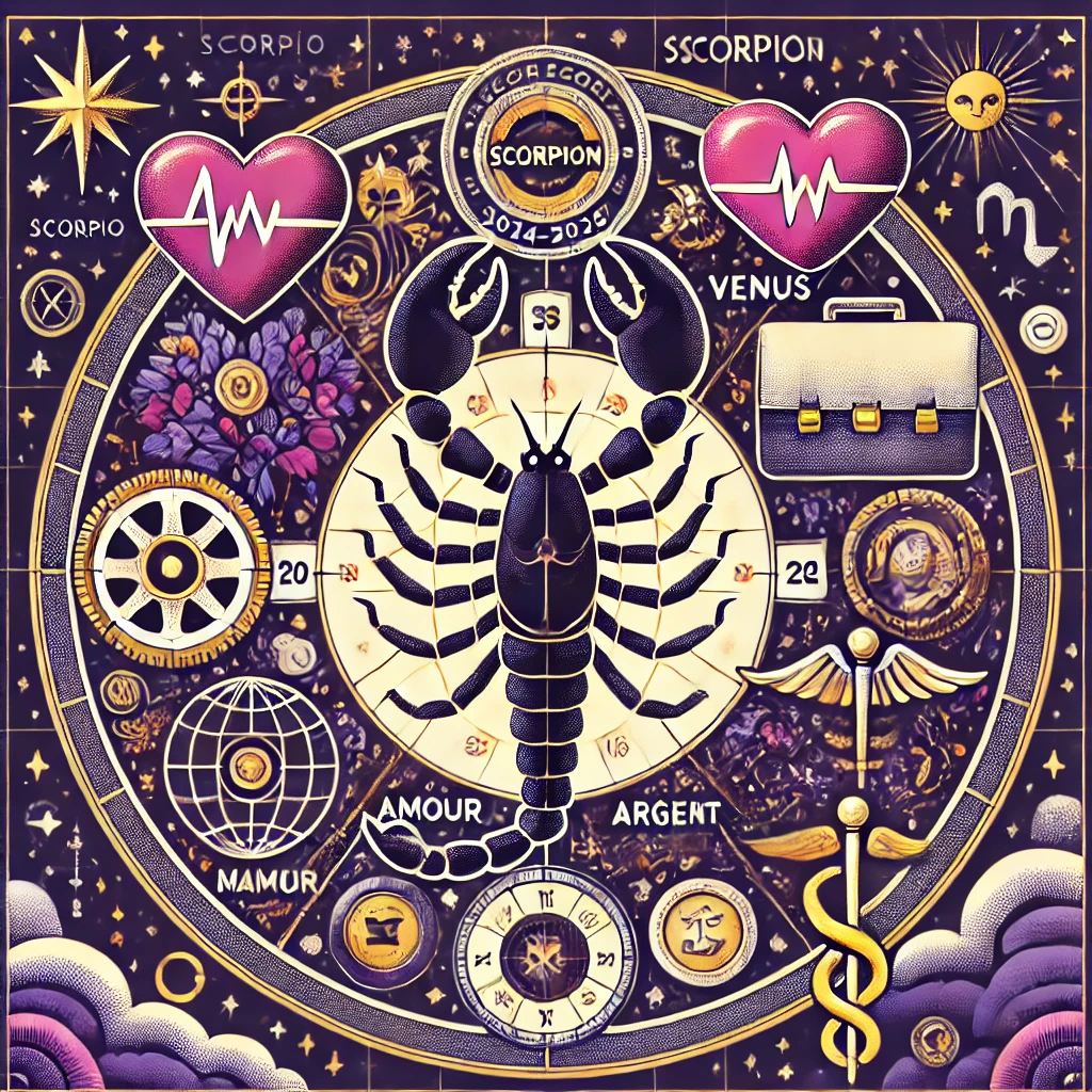  Illustration astrologique pour "Horoscope Scorpion 2024-2025 par Décan : Amour, travail, argent et santé". Le symbole du Scorpion est au centre, entouré de sections représentant l'amour (cœurs, symbole de Vénus), le travail (rouages, mallette), l'argent (pièces, Jupiter), et la santé (cœur, caducée). Des étoiles et constellations complètent cette image avec des couleurs cosmiques comme le violet, l'or et l'argent, pour un thème astrologique complet.