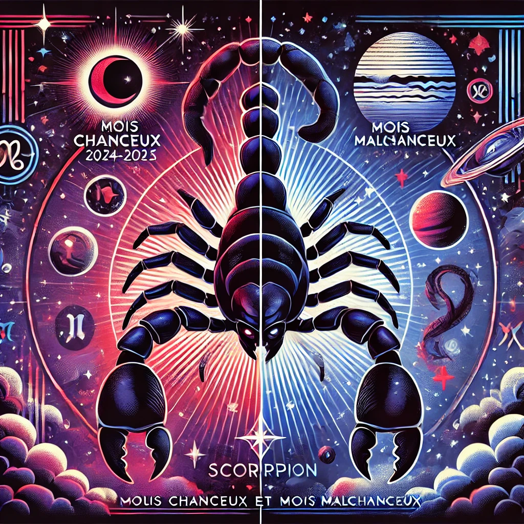 Illustration astrologique de l'horoscope Scorpion 2024-2025, mettant en avant les mois chanceux et malchanceux. Le symbole du Scorpion est entouré de planètes comme Mars, Uranus et Jupiter, avec une lune lumineuse pour la chance et des nuages sombres pour les périodes défavorables. Design cosmique aux tons violets et bleus, optimisé pour l'horoscope annuel.