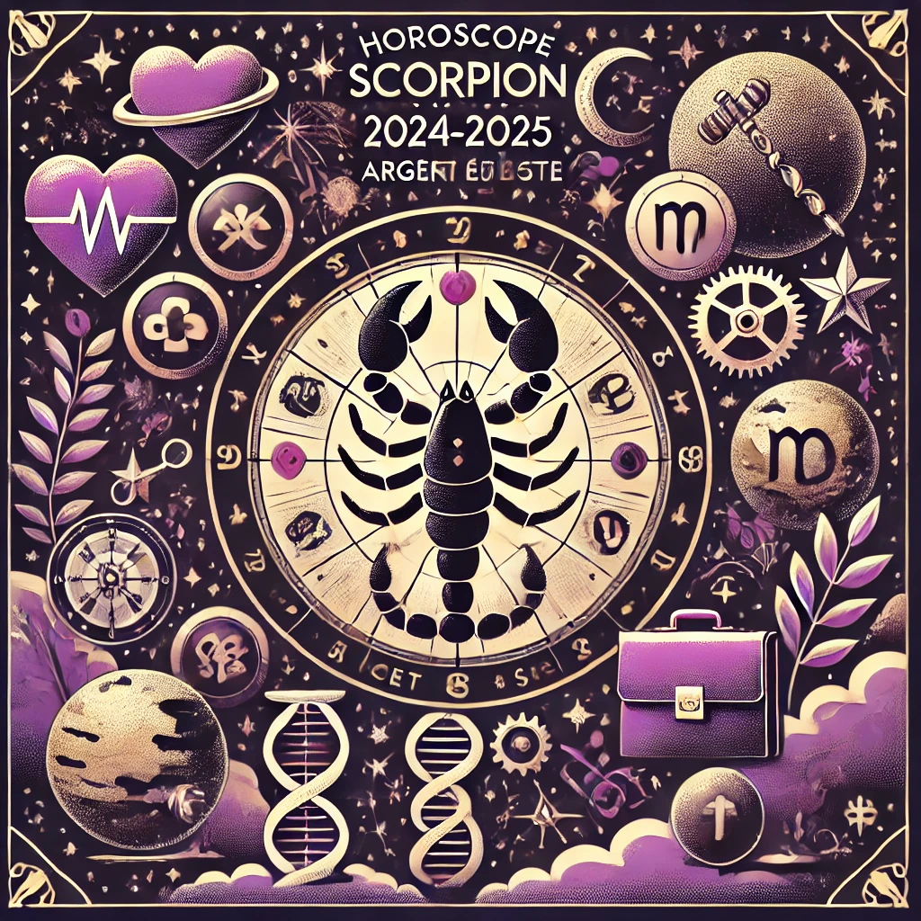 Illustration pour un article sur "Horoscope Scorpion 2024-2025 par Décan : Amour, travail, argent et santé". Le symbole du Scorpion est au centre, entouré de quatre sections représentant l'amour (cœurs, Vénus), le travail (rouages, mallette), l'argent (pièces, Jupiter), et la santé (cœur, caducée). L'image est ornée d'étoiles, planètes et constellations dans des tons violets, dorés et argentés, créant une ambiance mystique et astrologique.