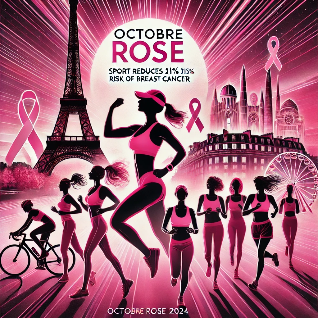 Illustration pour Octobre Rose 2024, mettant en lumière la sensibilisation au cancer du sein. Des monuments de Paris, comme la Tour Eiffel, sont illuminés en rose vif. Des silhouettes de femmes engagées dans des sports comme la course, le cyclisme, et le yoga, symbolisent les bienfaits du sport pour réduire de 21% le risque de cancer du sein. Texte en rose élégant : "Octobre Rose 2024 - Le sport réduit le risque de cancer du sein de 21%"