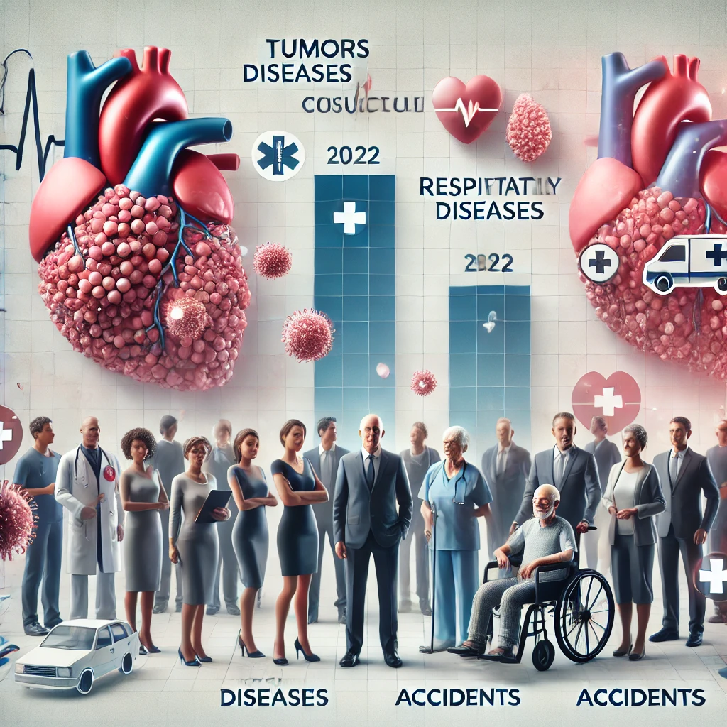 principales causes de décès en France en 2022, incluant des éléments médicaux comme les tumeurs, les maladies cardio-neurovasculaires, respiratoires et les accidents. Cette représentation visuelle montre aussi l'impact sur différentes tranches d'âge, notamment les seniors