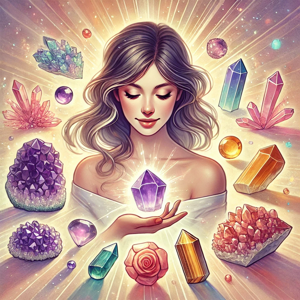 femme entourée de pierres et cristaux colorés, dont l'améthyste, le quartz rose, la citrine et l'œil de tigre. Chaque pierre émet une douce lueur de couleur, symbolisant leurs énergies uniques. La femme, avec une expression douce et réfléchie, tient une pierre dans sa main, illustrant le processus intuitif de choisir la pierre énergétique qui lui correspond. L'arrière-plan est doux et onirique, avec des rayons de lumière mettant en valeur l'énergie harmonieuse des pierres.