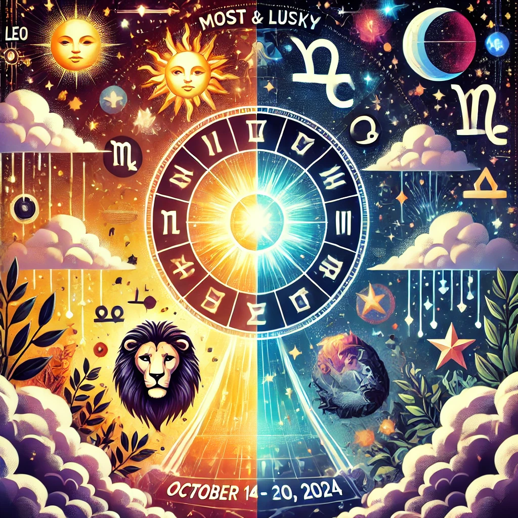  signes astrologiques les plus chanceux et les plus malchanceux pour la semaine du 14 au 20 octobre 2024. La partie supérieure montre les signes chanceux (Lion, Balance, Sagittaire) avec des étoiles brillantes et un soleil rayonnant. La partie inférieure présente les signes malchanceux (Taureau, Scorpion, Poissons) entourés de nuages orageux et de symboles d'avertissement.