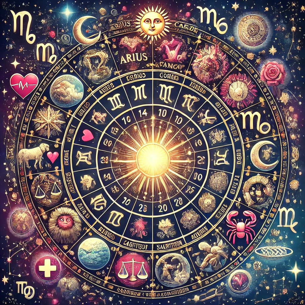 Illustration de l'horoscope pour tous les signes astrologiques du 14 au 20 octobre 2024 : roue du zodiaque avec les douze signes (Bélier, Taureau, Gémeaux, Cancer, Lion, Vierge, Balance, Scorpion, Sagittaire, Capricorne, Verseau, Poissons), chaque signe étant associé à des symboles pour l'amour, le travail, l'argent et la santé, sur un fond cosmique avec étoiles, planètes et constellations.