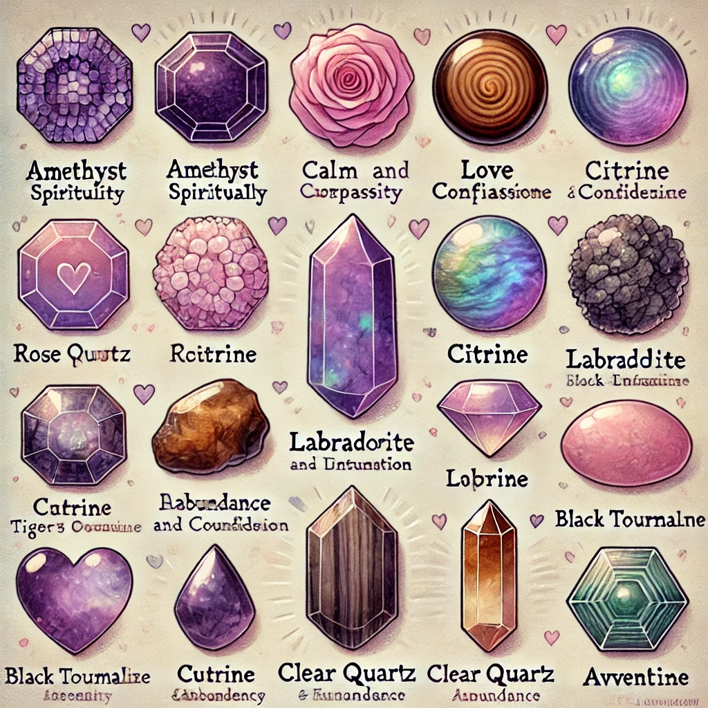 Illustration de diverses pierres populaires et leurs propriétés énergétiques : Améthyste (calme et spiritualité, violet), Quartz Rose (amour et compassion, rose), Citrine (abondance et confiance, jaune), Labradorite (protection et intuition, bleu-vert irisé), Œil de Tigre (courage et ancrage, marron doré), Tourmaline Noire (protection et ancrage, noir), Quartz Clair (clarté et amplification, transparent/blanc), et Aventurine (guérison et abondance, vert). Chaque pierre est entourée d'une douce lueur, illustrant son énergie unique, sur un fond neutre mettant en valeur les pierres.