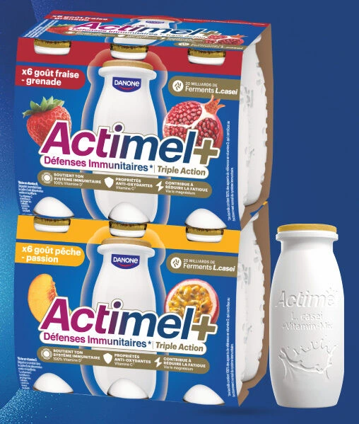 Actimel Triple Action, yaourt à boire riche en sucre et en calories, présenté comme un produit sain.