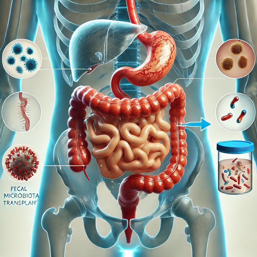 processus de transplantation de microbiote fécal (FMT), avec un accent sur le système digestif humain, le côlon et la représentation des bactéries bénéfiques transférées du donneur au receveur