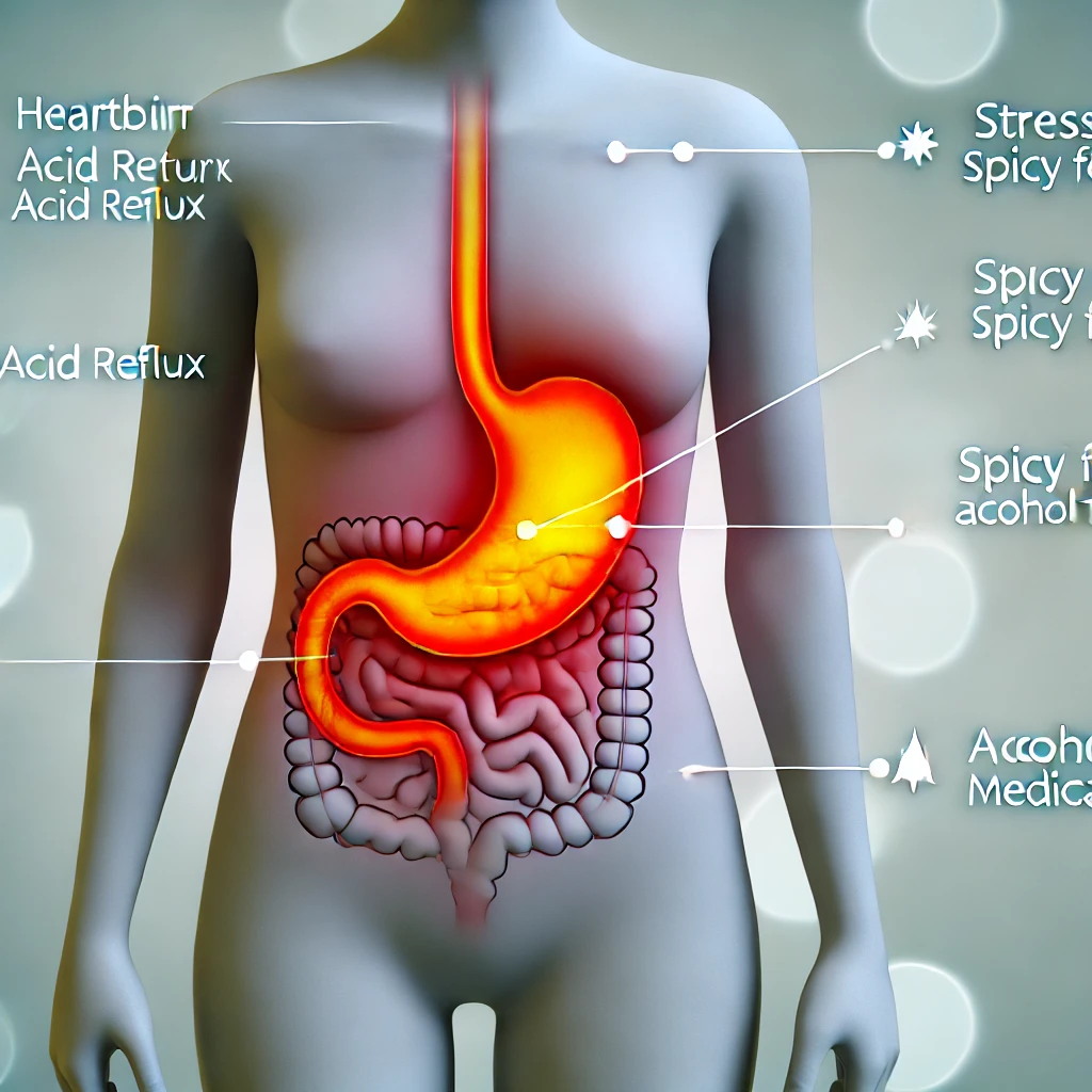 symptômes et causes des brûlures d'estomac et du reflux gastro-œsophagien, avec une vue de l'estomac et de l'œsophage et des points étiquetés pour le stress, les aliments épicés, l'alcool et les médicaments comme causes courantes