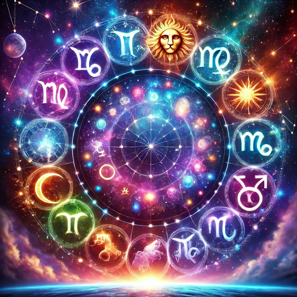 image représentant une scène céleste vibrante avec les 12 signes du zodiaque en cercle, illustrant les énergies astrologiques de la semaine du 18 au 24 novembre 2024.