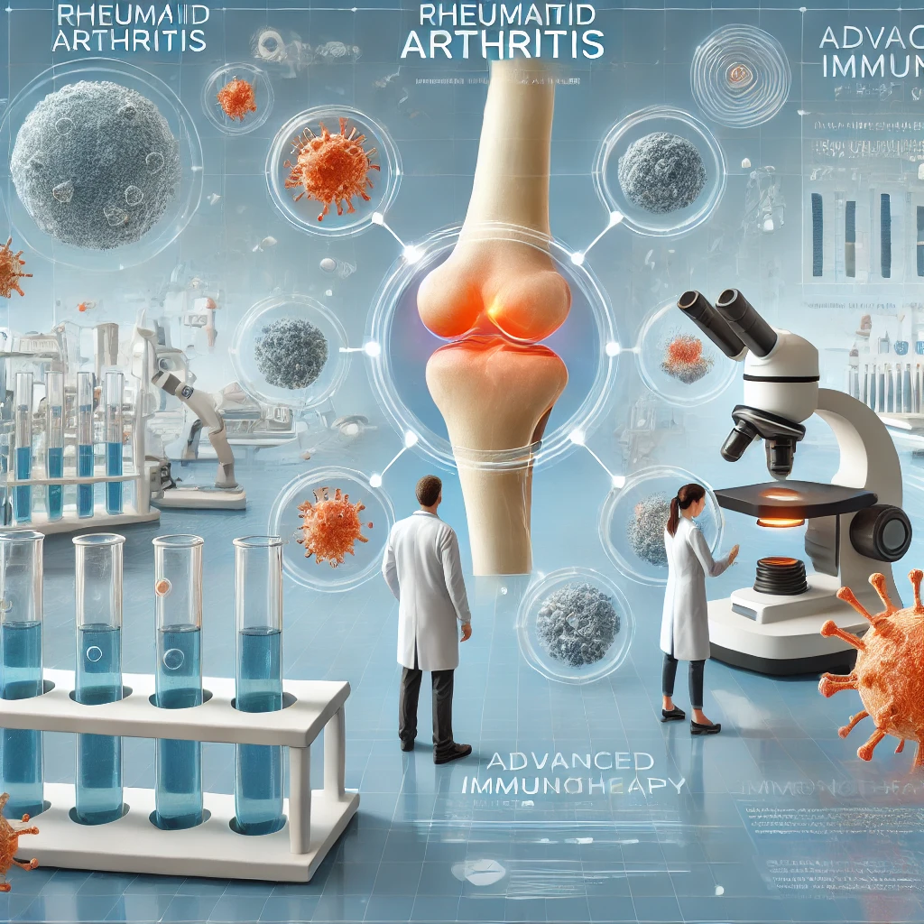 pproche médicale innovante ciblant la polyarthrite rhumatoïde avec des scientifiques travaillant sur l'immunothérapie dans un laboratoire