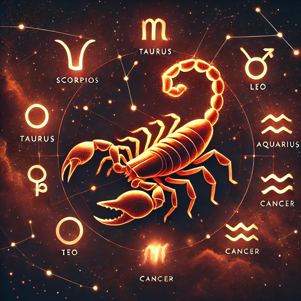 Illustration astrologique de Mars en Scorpion jusqu’en avril 2025, montrant les signes les plus impactés : Scorpion, Taureau, Lion, Verseau, Cancer et Poissons, avec des accents lumineux et une ambiance cosmique.