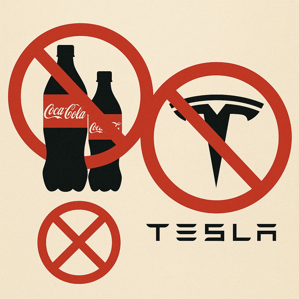 Illustration symbolique du boycott des produits américains : bouteilles de Coca-Cola et logo Tesla barrés d’un cercle rouge sur fond beige
