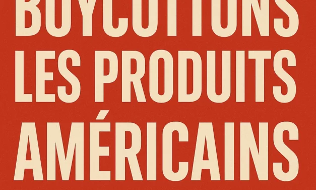 Illustration engagée avec le texte "Boycottons les produits américains" en rouge vif, sur fond de contestation économique en 2025