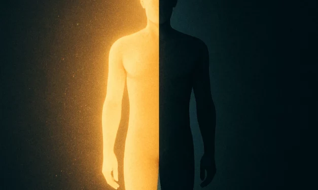 Corps humain divisé en deux : un côté lumineux symbolisant la vie, l’autre sombre représentant la mort, avec un texte en haut.