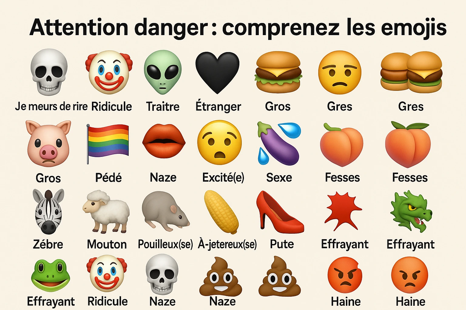 Infographie illustrée expliquant la signification des emojis détournés par les adolescents dans un contexte de cyberharcèlement : moquerie, ridicule, trahison, ️‍ insulte homophobe, humiliation, moquerie sur le poids, dégoût, connotation sexuelle, scarification.