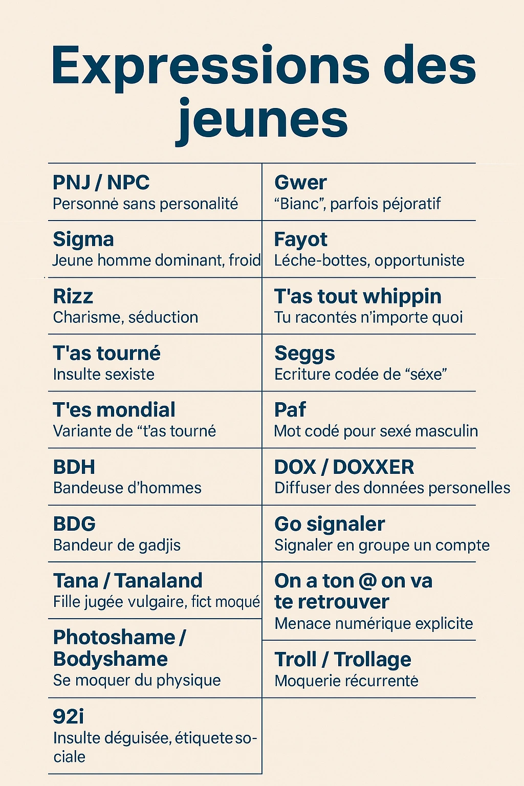 Tableau illustré des expressions utilisées par les adolescents en 2025 avec leur signification : NPC, sigma, rizz, t’as tourné, BDH, Ick, goumant, bodyshame, DOX, troll.